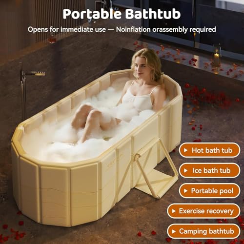 Image of Adult Foldable Bathtub for Adults, Extra-Large Collapsible Soaking Tub with Temp Meter, Drain Pipe & Cushion, Portable Hot Cold Water Bath Tub for Home Spa (Beige)