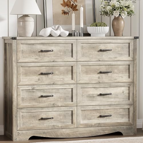 Image of Dresser for Bedroom with 8 Drawers, 54 inch Wide Wood Chest of Drawers with Deep Drawers & Mental Handle, Modern Dresser TV Stand, Wooden Closet Storage Organizer for Living Room, Hallway, Entryway, Grey