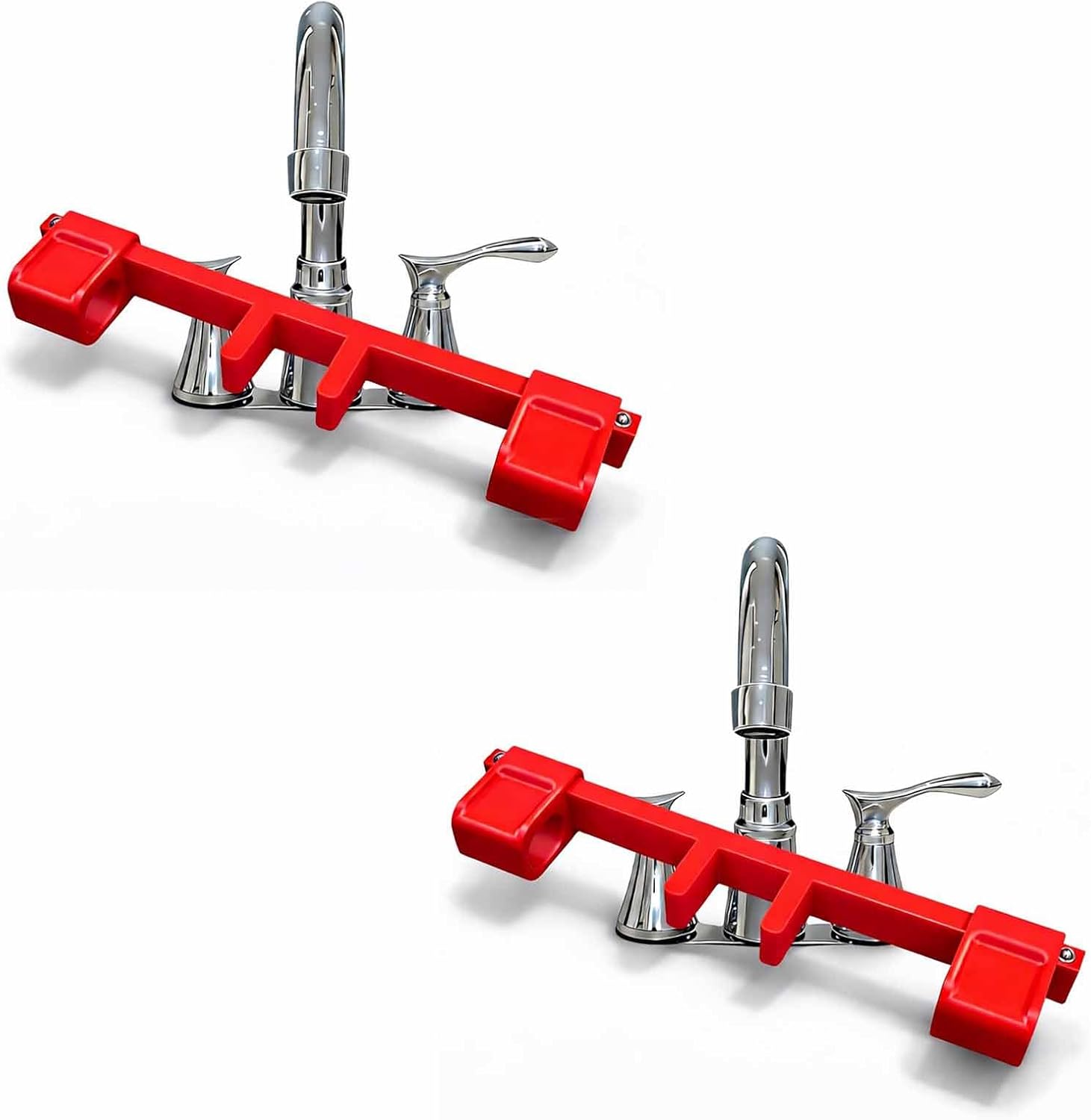 Universal Faucet Handle Lock for Double Sinks, Child and Pet Proof Sink Lock with Central Pipe Fixation, Adjustable Kitchen & Bathroom Tap Guard, Tool-Free Safety Restraint (Red, 2PCS)