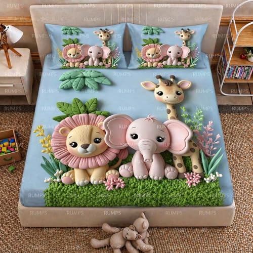 Image of RUMPS 7D Cute Jungle Animal Printed Flat Bedsheet King Size 90x100 Inch with 2 Pillow Covers 16x26 Inch | Kids Cartoon Bedsheet | Soft Microfiber Double Bedsheet