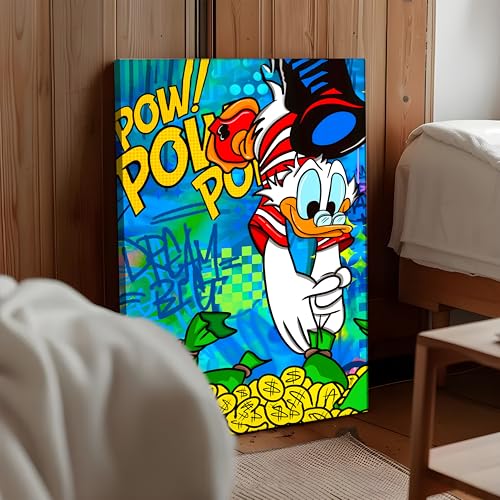 Image of Pop Art Cartoon Duck Money Wall Painting | Comic Graffiti Style Stretched Canvas Art Print| Modern Street Wall Art for Home & Office, 56x86 cm