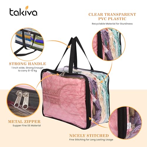 Image of TAKIVA Transparent Multipurpose Storage Bag | Saree Cover Bag with Zip for Storing Clothes, Suits, Undergarments, wedding packing | Wardrobe organising (Large, Pack of 4)