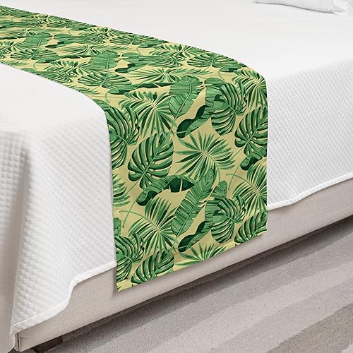 Ambesonne Jungle Bed Runner, Botanical Foliage Pattern Inspired by Greenery of Brazilian Rainforests, Decorative Accent Bedding Scarf for Hotels Homes and Guestrooms, Twin, Eggshell and Green