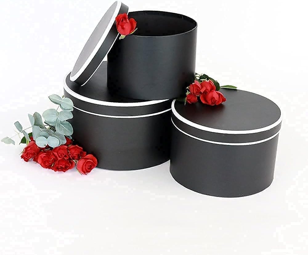 UNIKPACKAGING Premium Quality Round Flower Box, Gift Boxes for Luxury Flower and Gift Arrangements, Set of 3 pcs (L/M/S) (Black with White Rim)