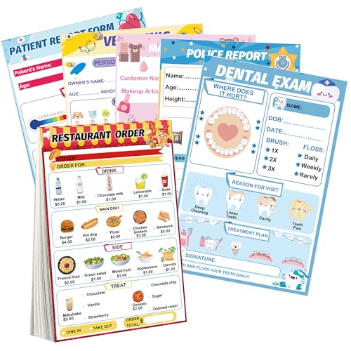 wootile Pretend Play Notepads 6 Pack Playtime Pads Pretend Play Notebooks Variety Role Play Doctor’s Report Grocery List Restaurant Guest Checklist Notepads