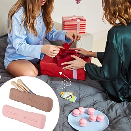 2 Pcs Makeup Brush Holder, Silicone make up brush holder Case Portable Makeup Brush Organizer Soft and Cute Makeup Tools Organizer for Travel BusinessPink, Khaki)