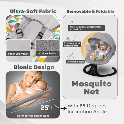 Image of Electric Baby Swing Rocker with Bluetooth Music, Remote Control, 5-Point Safety Harness, Soft Cushion, Mosquito Net & Canopy, Infant Swing for 0-12 Months (Grey)