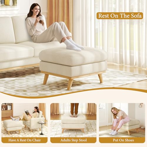 Image of Vesgantti Large Ottoman for Modular Sofa, 29.5 inch Corduroy Pouf Ottoman with Spring Cushion, Rectangle Foot Rest for Couch, Entrance Footstool with Wood Legs, Footstool for Living Room, Bedroom, Beige