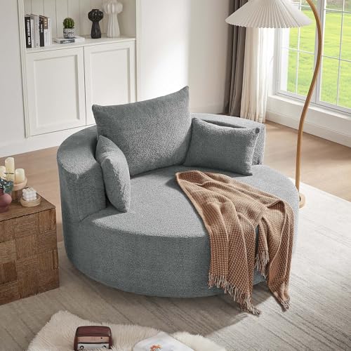 Sillón giratorio redondo tapizado gris chenille miniatura 1