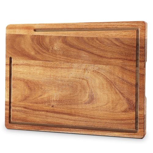 MOOKOMI Tabla de cortar de madera de acacia con patas antideslizantes y ranura para jugo, tablas de cortar de madera duraderas para cocina, perfectas para verduras, carne, frutas, filetes y embutidos