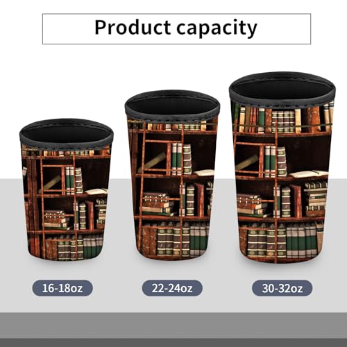 Image of 3 Pack Reusable Neoprene Insulator Sleeve for Iced Coffee Cups, Durable Drink Sleeve for Cold Hot Beverages Compatible with 16-32OZ Cute Retro Book Shelf