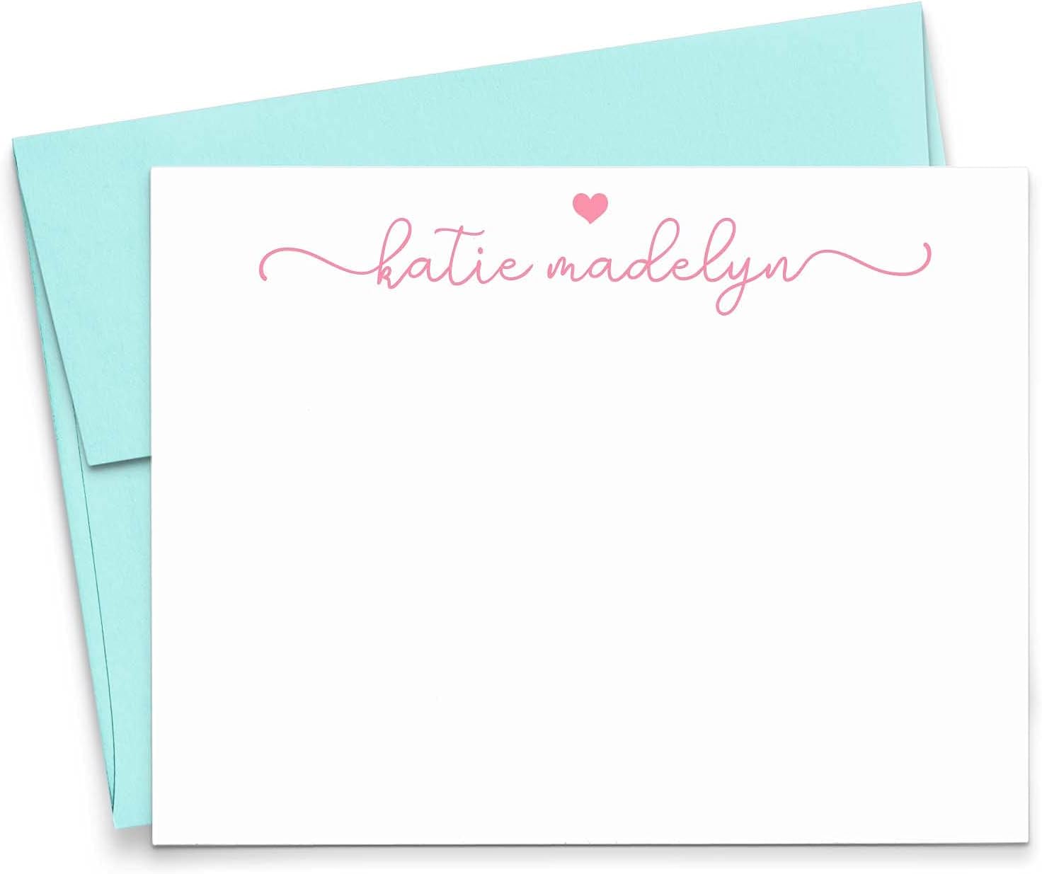 Cute Personalized Stationery Girls, Personalized FLAT Stationery with Heart for Girls Stationary with Envelopes Set, Custom Note Cards, Your Choice of Colors and Quantity