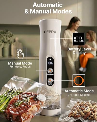 Image of FEPPO Compact Vacuum Sealer for Food (Vacuum Sealer Machine + 3 Containers + 10 Reusable Bags), Anti-Overflow Powerful Portable Handheld Food Sealer, Auto & Manual Modes, Travel Lock, Easy-Clean
