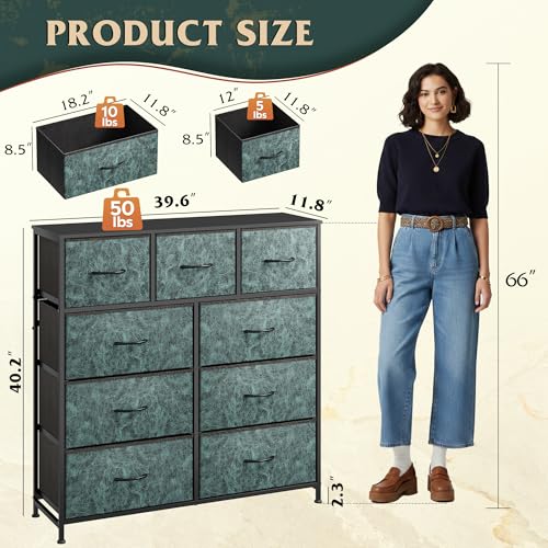Image of WLIVE 9 Drawer Dresser, Fabric Storage Tower for Bedroom, Hallway, Closet, Tall Chest Organizer Unit for Bedroom with Fabric Bins, Steel Frame, Wood Top, Easy Pull Handle, Vintage Green