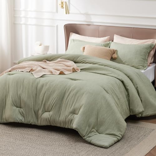 Image of Bedsure Queen Comforter Set - Olive Green Soft Bedding for All Seasons, Cationic Dyed Bed Set, 3 Pieces, 1 Queen Size Comforter (90 inchx90 inch) and 2 Pillow Shams (20 inchx26 inch+2 inch)