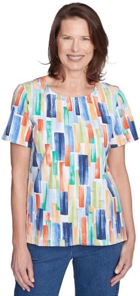 Alfred Dunner Key Item Patchworks Cotton Top Short Sleeve