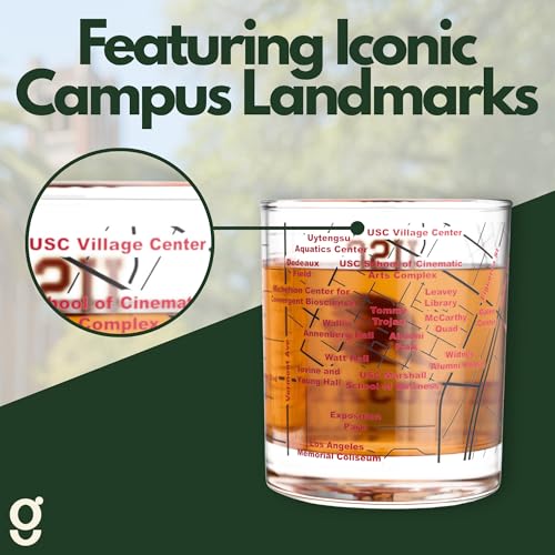 Image of Greenline Goods University of Southern California Trojans Whiskey Glasses Set of 2, 10 oz Rocks Glasses with Full-Color Logo & Campus Map - Officially Licensed Bourbon Glass Gift for Alumni & Fans