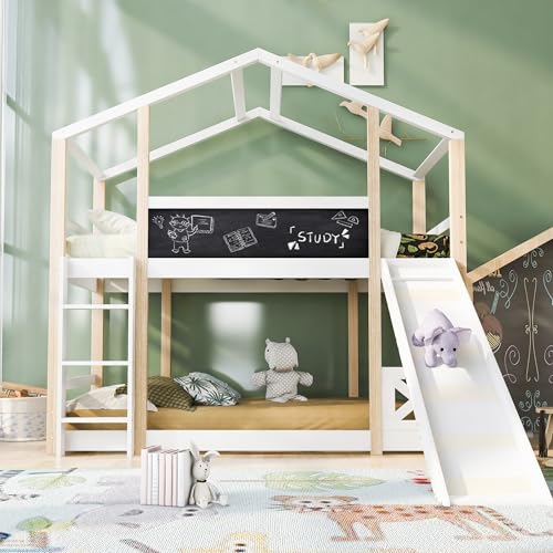 HYSZ Cama infantil con tobogán y escalera de 90 x 200 cm, cama alta para niños, 2 somieres, color natural y blanco