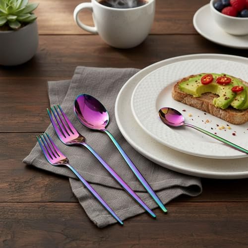 Image of 30 Pcs Rainbow Cutlery Set for Dining Table the Perfect Lightweight Silim Handle Tableware Including Dinner Spoon, Dinner Fork, Dinner Knife, Dessert Spoon & Dessert Fork