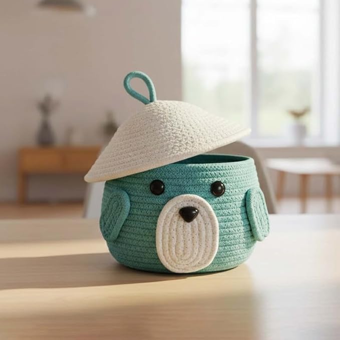 BUNAII Jute Cotton Cute Bear Hand Woven Fruit basket, storage basket, Oraganizer Box For jewellery, toys, cosmetics and for multipurpose uses with cap (Aqua/White)-image-6