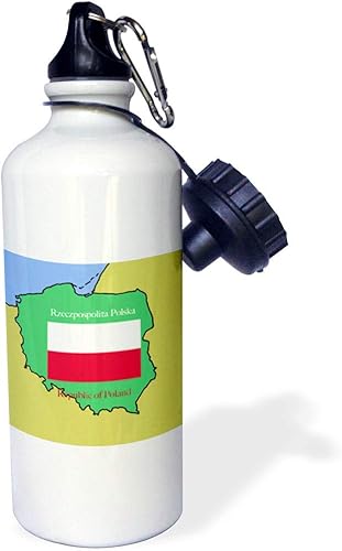 3dRose "El mapa y la bandera de Polonia con la República de Polonia impreso en inglés y polaco" Botella de agua deportiva, 21 oz, blanco