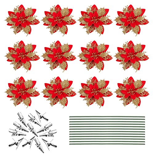 Azexcy 12 Pz Fiori di Stella di Natale Fiori per Albero di Natale con Clip Ornamento di Albero di Natale Glitter Poinsettia Ornamenti per Alberi di Natale