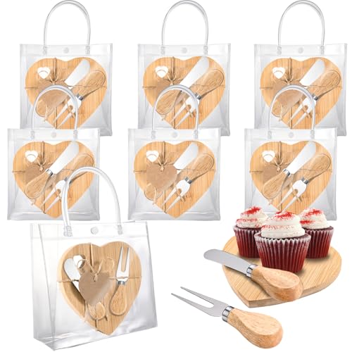 6 Set Heart Shaped Charcuterie Board Wood Mini Charcuterie Board With Cheese Knives Fork Set Bridal Shower Favors for Guest Bridal Baby Shower Prize Wedding Birthday Valentines Day (Wood color 01)