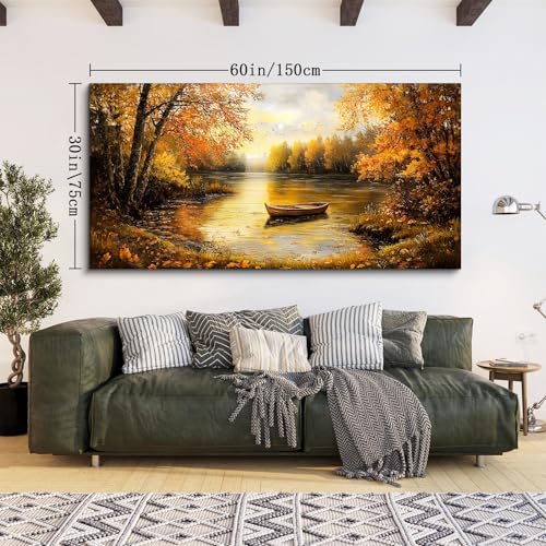 SERIMINO Fall Wall Art, Landscape Wall Art, Large Wall Decor, Lake Boat Forest Canvas Art Prints, Gold Autumn Nature Pictures, Rustic Paintings for Living Room Bedroom Dining Room Office Farmhouse 30"X60"