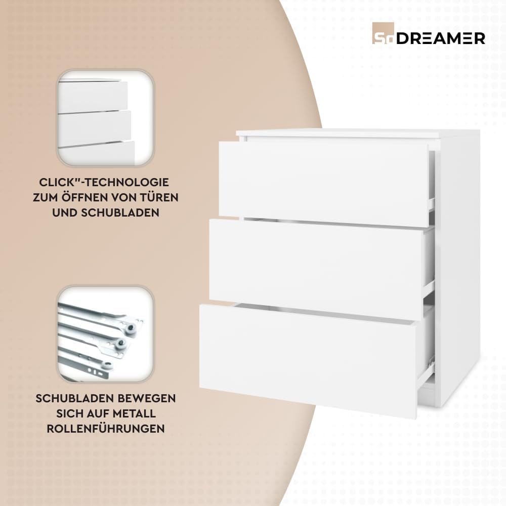 Kommode 3 Schubladen | Farbe: weiß | 80x60x50 cm | Schrank für Kleidung, Dokumente, kleine Gegenstände | Ideal für Schlafzimmer, Wohnzimmer, Kinderzimmer und Büro | 3 geräumige