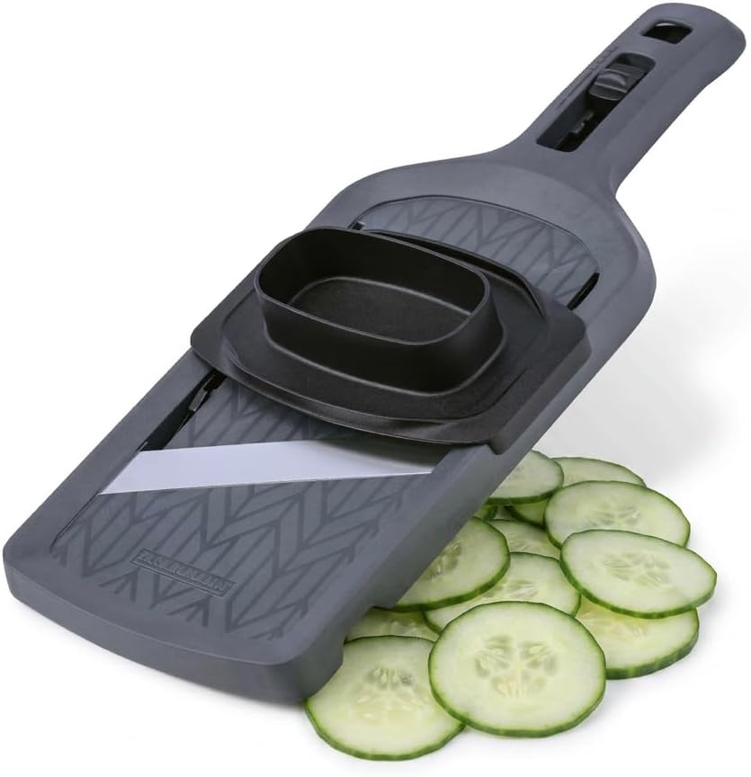 Fackelmann Vegetable Slicer - Made of Stainless Steel with 4 Step Cutter, Ergonomic Slider and Leftover Holder, for Precise Cutting - Made in Germany, Anthracite