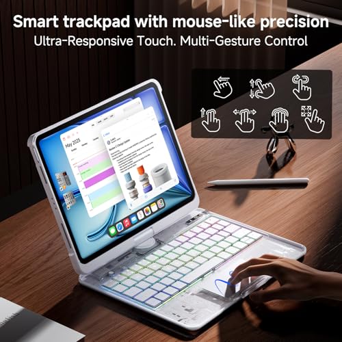 Image of Clear Wireless Keyboard Case for iPad Air 13 Inch (M4 /M3 /M2, 2026 /2025 /2024) / iPad Pro 12.9 inch (6th /5th /4th /3rd Gen), 7-Color Backlit, Pencil Holder & Multi-Touch Trackpad, 360 Rotatable,White