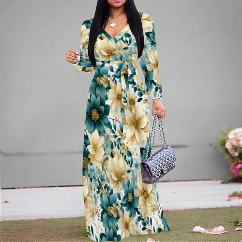 Image of Women Plus Size Long Sleeve V Neck Maxi Dress with Belt | Soft fabric relaxed fit three quarter sleeve v neck with pockets for party and daily wear