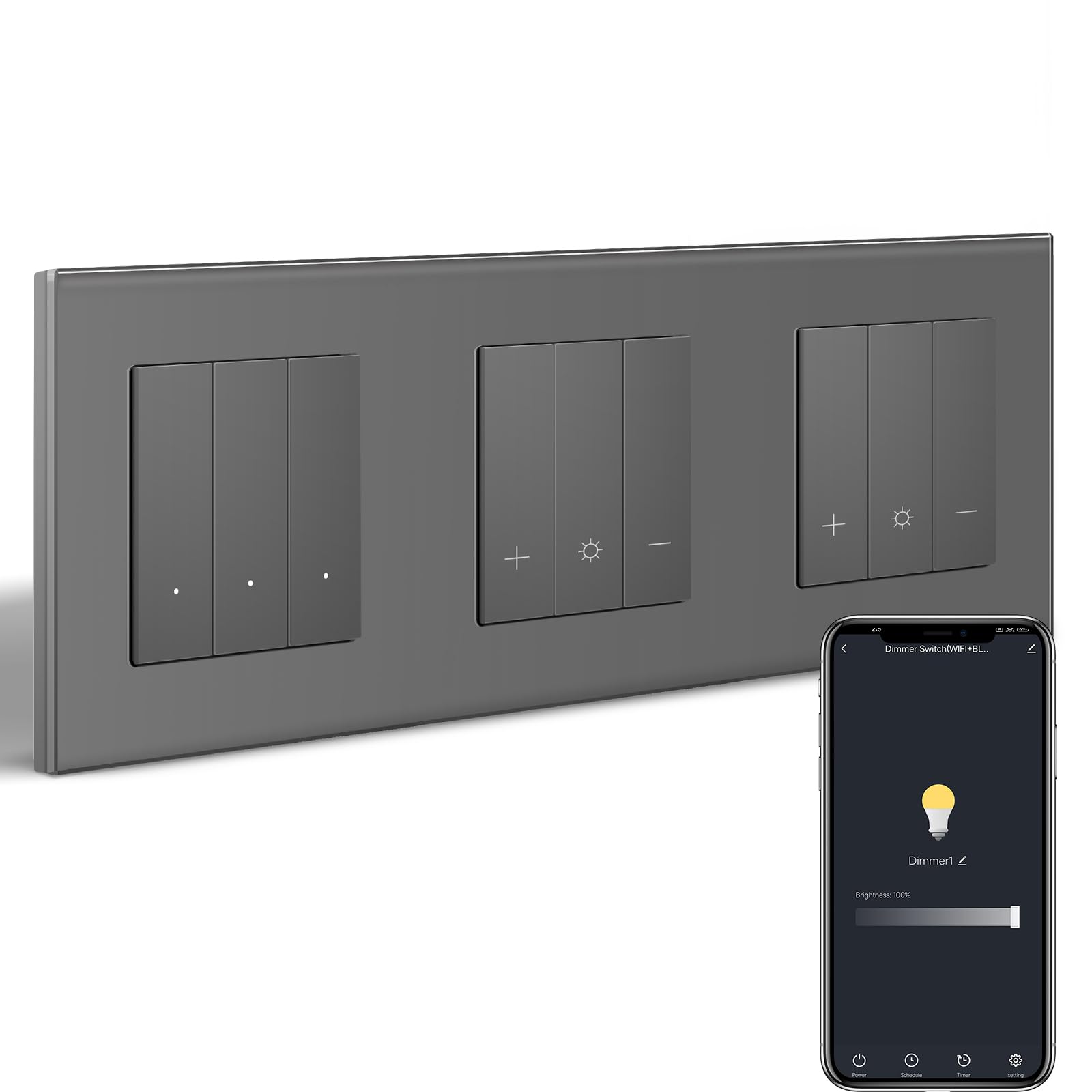 Smart - Interruptor de luz WiFi con regulador de intensidad WiFi, 3 interruptores de pared, 1 regulador de intensidad, 2 compatibles con Alexa/Google Home, interruptor de luz empotrado