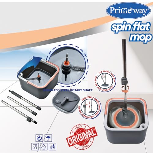 Image of Primeway Spin Mop & Bucket System | Dual Compartment Design for Clean & Dirty Water | 360 Swivel Mop Head | Built-in Scrubbing Brush, 128cm Hydraulic Handle & 22cm Sq Microfiber Pads | 3 LTR | Grey