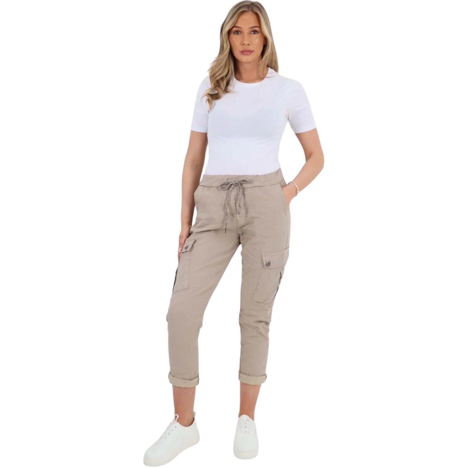 SXME MIGHT SAY Italian Drawstring Waistband Magic Cargo Trousers for Women – Stylish, Comfortable & Versatile Everyday Pants (UK, Numeric, 18, 22, Plus, Regular, Beige)