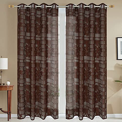 Image of Fabrilia Heavy Polyester Net Semi Transparent Fancy Grommet Semi Sheer Curtains, Floral Design, Coffee, Window- 4 Feet X 5 Feet, Pack Of 2 Pcs