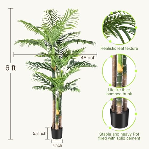 Image of 6ft Tall Triple Golden Cane Palm Artificial Tree Large Tropical Palm Tree UV Resistant Fake Plant in Pot for Indoor Outdoor Big House Living Room Outside Patio Office Home Decor 1Pack