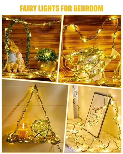 Image of Minetom Vine Fairy Lights Battery Operated: 21ft 60 LED Leaf-Embellished Hemp Rope Fairy Lights with Remote - Twinkle String Lights for Girls Bedroom Dorm Room Wall Decorations
