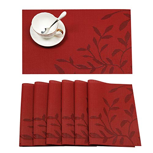 SHACOS Durable Placemats for Dining Table PVC Woven Vinyl Placemats Set of 6 Heat Insulation Washable Indoor Outdoor6 pcs Red Leaves