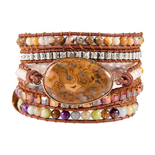 YGLINE Natural Stone Wrap Bracelet for Women/Men | Adjustable Multilayer Genuine Leather Boho Handmade Beaded Bracelet