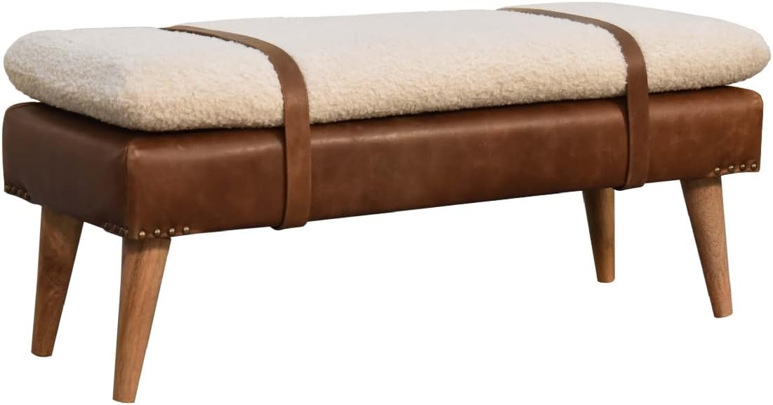 Buffalo Hide Leather Bench Chestnut - Wood Frame Upholstered Bench for Entryway Living Room Bedroom, Timeless Elegant Design with Clean Lines, Versatile Home Accent