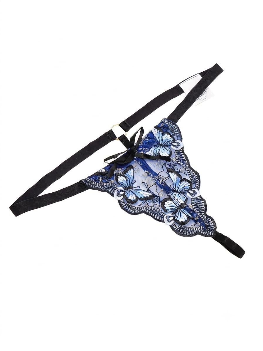 Women's Embroidered Butterfly Lace Thong Panty – Premium Soft Slip-On Lingerie, Blue-image-26