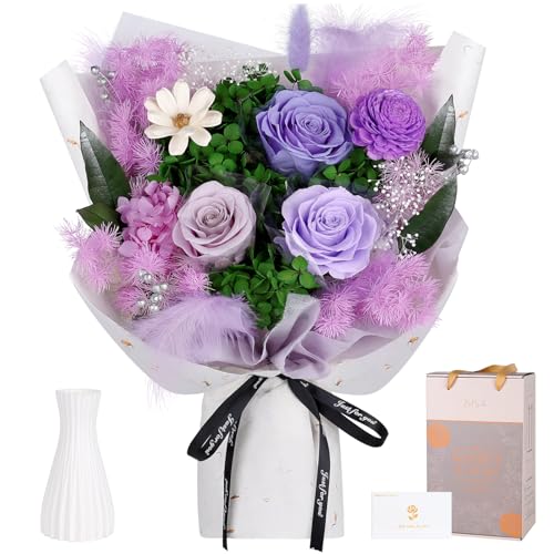 Preserved Flowers Bouquet - Forever Flowers for Delivery, Real Eternal Roses Bouquet, Anniversary Birthday Valentine Gifts for Women Mom Grandma Her Wife Girlfriend, Light Purple