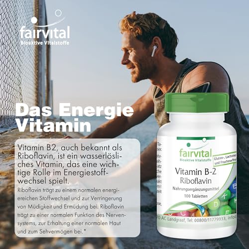 Fairvital | Vitamin B2 Riboflavin - 200mg pro Tag - 100 Tabletten - HOCHDOSIERT - VEGAN - schluckfreundlich