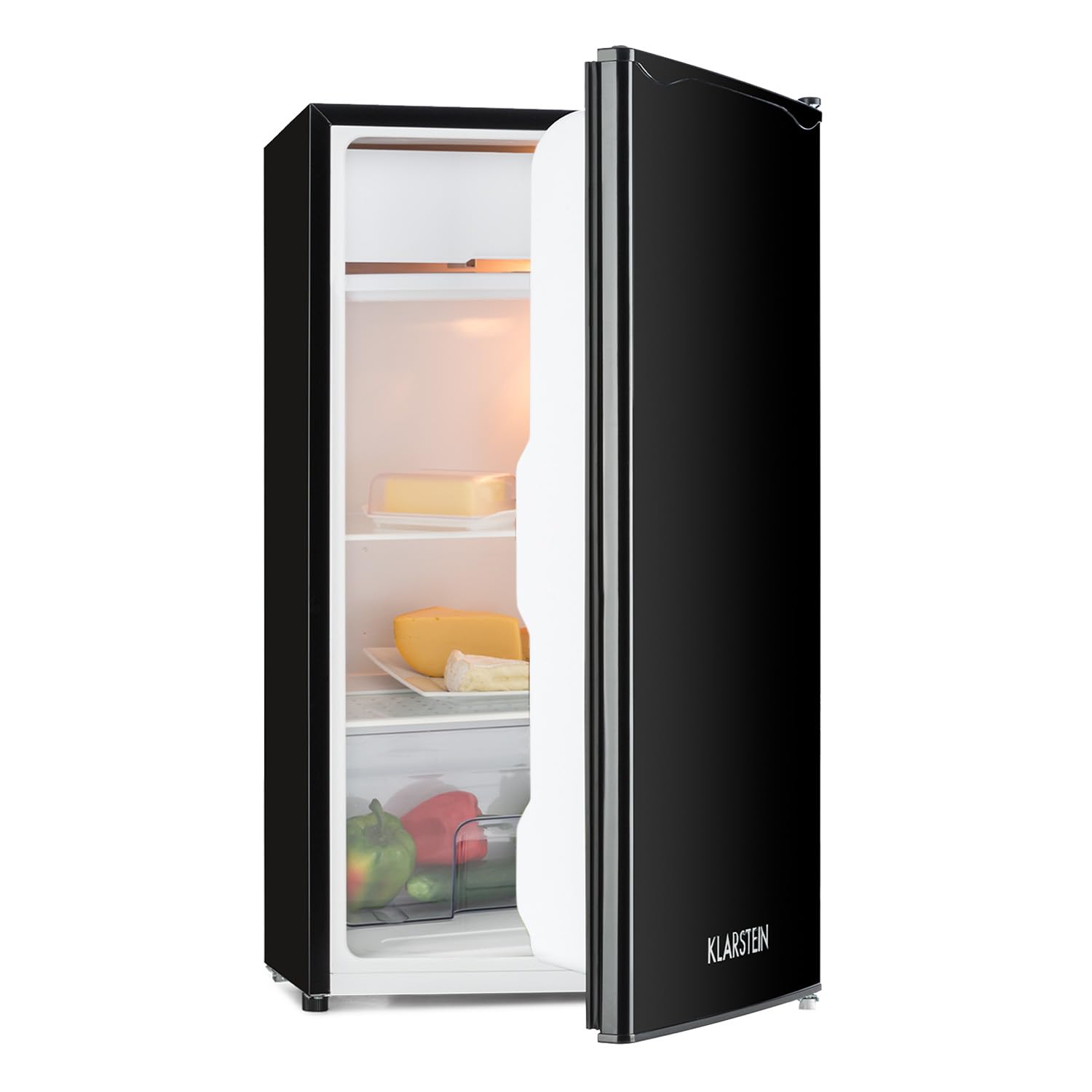 KLARSTEIN Alleinversorger - Fridge Refrigerator, Class E, Freezer, 5 Levels of Temperature Control, 2 Glass Shelves, Interchangeable Door, Capacity: Fridge 90L, Black