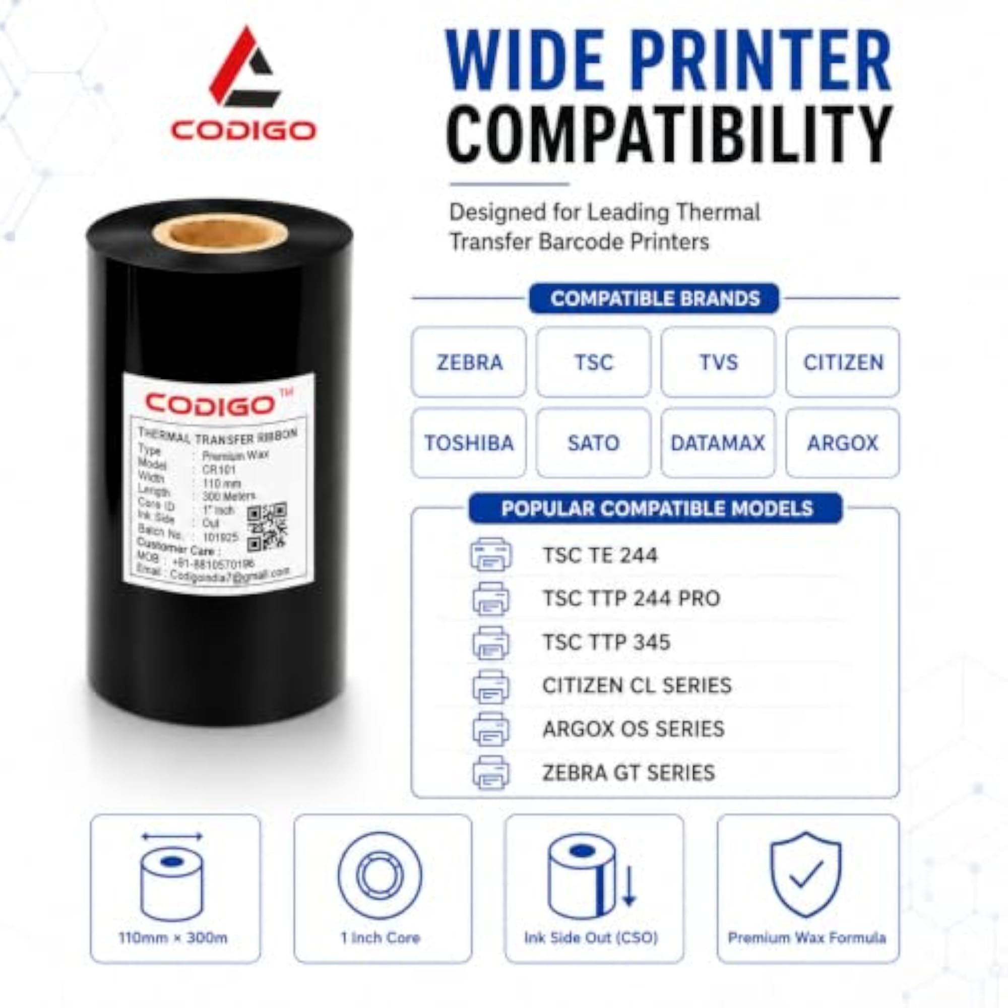 Thermal Transfer Ribbon 110mm x 300m Barcode Printer Ink