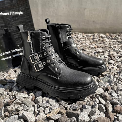 Image of Men's Black Leather Platform Ankle Boots Lace up Side Zip Adjustable Buckle Lug sole Non-Slip Combat Booties Fashion Punk Motorcycle Boots