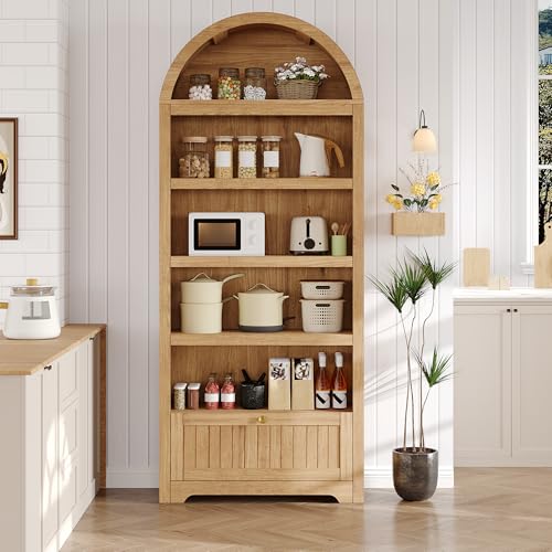 GAOMON 71" Tall Arched Book Shelf, 6-Tier Freestanding Bookshelf with Drawer and Open Display Shelves, Mid Century Modern Arched Bookcase for Living Room, Bedroom, or Home Office, Natural