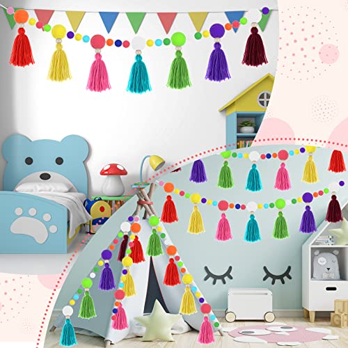 Rainbow Pom Pom Tassel Garland Banner Christmas Colorful Pompom Wall Hanging Boho Tassel Garland Decor For Classroom Home Nursery Baby Shower Party Christmas Supplies (2 Pcs) #TOP2