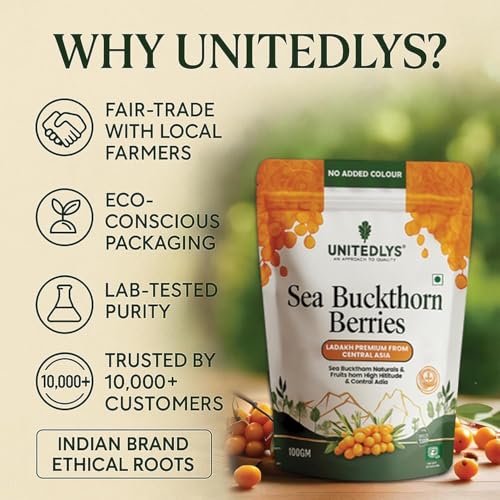Image of Unitedlys Himalayan Sea Buckthorn Berry 100g | Sun-Dried, Natural & Unsweetened | Rich in Omega 3 6 7 9, Vitamin C & E | Dried Sea Buckthorn Berry for Skin, Immunity, Gut & Heart | No Preservatives